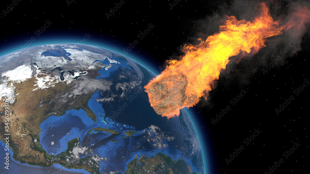 Asteroid Impact on Earth. Asteroid, comet, meteorite glows, enters the earth's atmosphere. 3d rendering. Meteor Rain. Kameta tail. End of the world. Elements of this image furnished by NASA.