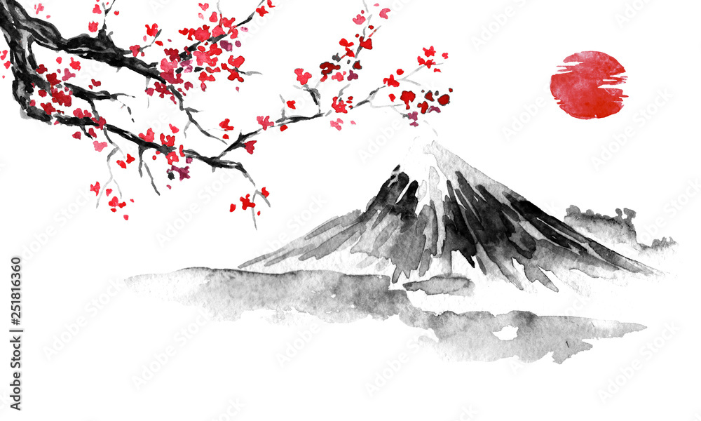 Japan traditional sumi-e painting. Fuji mountain, sakura, sunset. Japan sun. Indian ink illustration. Japanese picture.